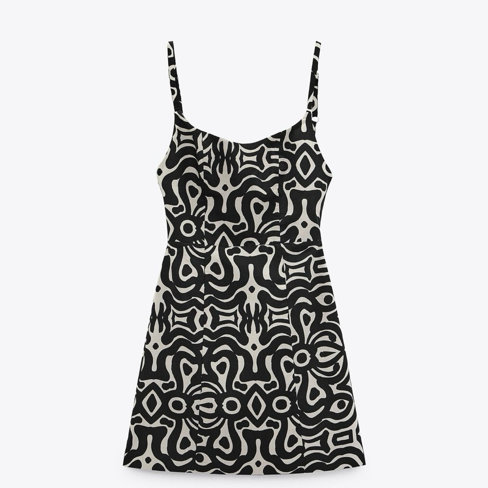Printed Linen Blend Short Dress